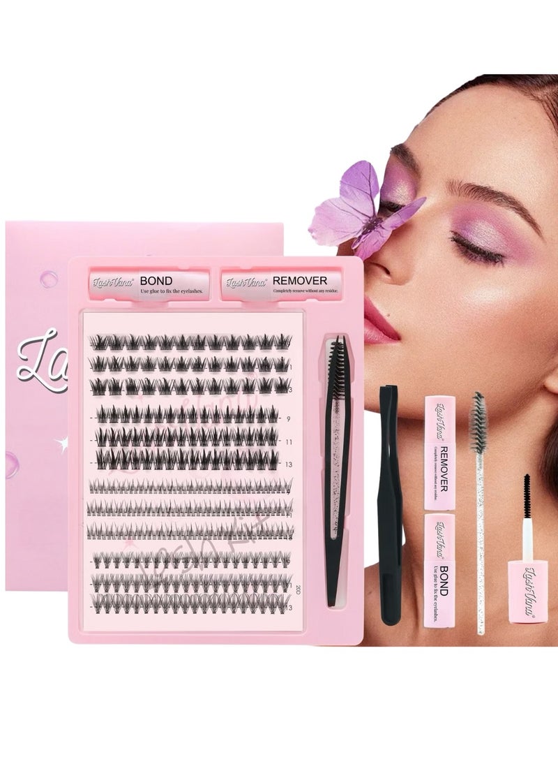 lashvana 264pcs 4 Styles DIY Lash Extension Kit Eyelash Clusters with Lash Glue Tweezer and Remover Natural C Curl Personal Eyelash Set Easy to Apply at Home 9 11 13mm - Image 1