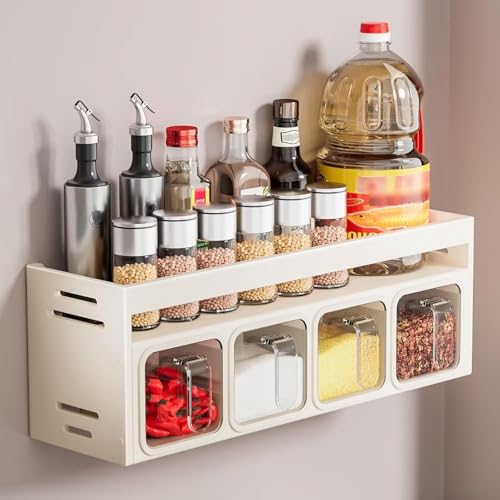 House of Quirk Kitchen Accessories Organizer Set - Condiment Rack Holder, Countertop, Tabletop Household Floating Shelves , Seasoning Jar & Spice Racks, Chopping Board & Knife Storage (Beige) - Image 1