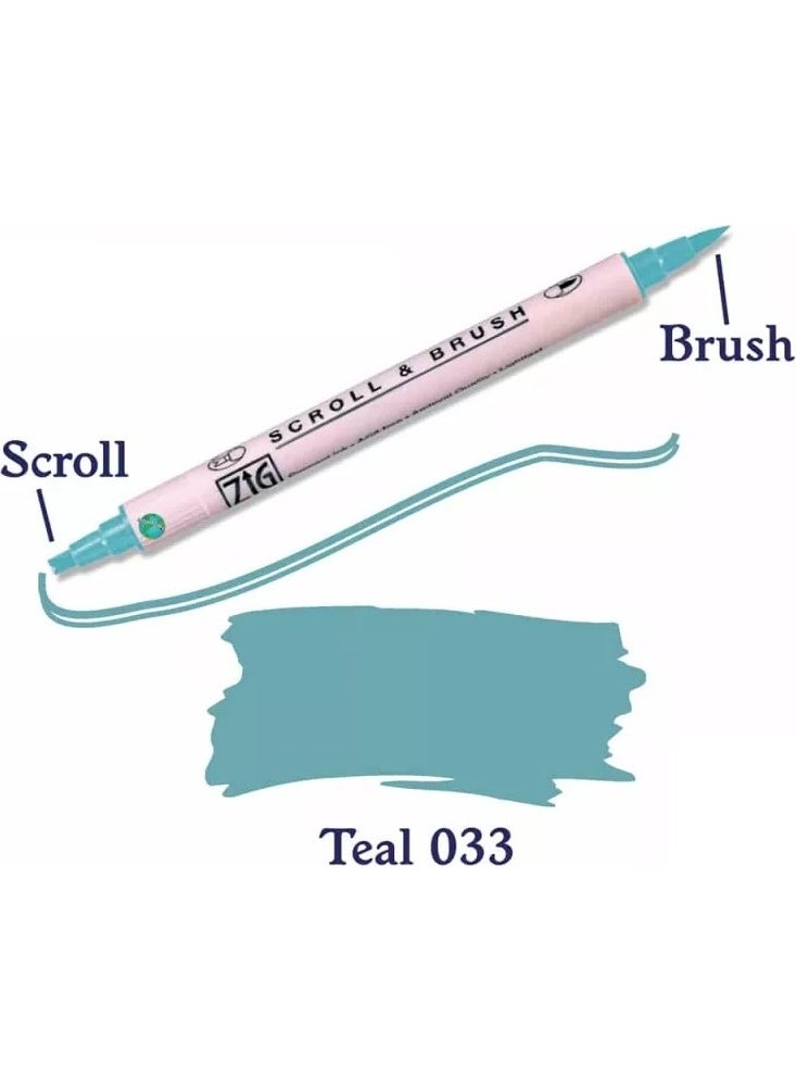 Zig 033 Scroll & Brush Double Line and Brush Tip Calligraphy Pen Teal 