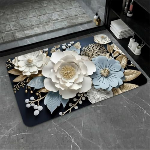 Roslen Bathroom Door Mat, Super Absorbent Quick-Dry with Non-Slip Rubber Backing, Washable Thin Floor Mat, Washable Door Mat for Home Decor, 3D Flower Bath Mat Bathroom Door Laundry & Kitchen - Image 1