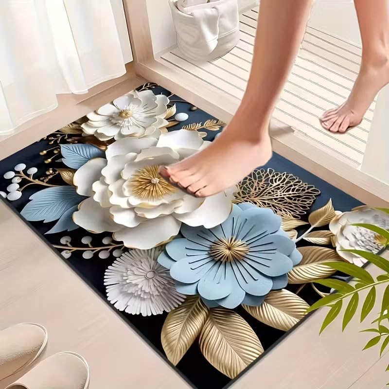 Roslen Bathroom Door Mat, Super Absorbent Quick-Dry with Non-Slip Rubber Backing, Washable Thin Floor Mat, Washable Door Mat for Home Decor, 3D Flower Bath Mat Bathroom Door Laundry & Kitchen - Image 3
