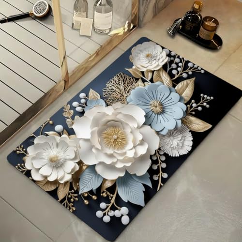 Roslen Bathroom Door Mat, Super Absorbent Quick-Dry with Non-Slip Rubber Backing, Washable Thin Floor Mat, Washable Door Mat for Home Decor, 3D Flower Bath Mat Bathroom Door Laundry & Kitchen - Image 4
