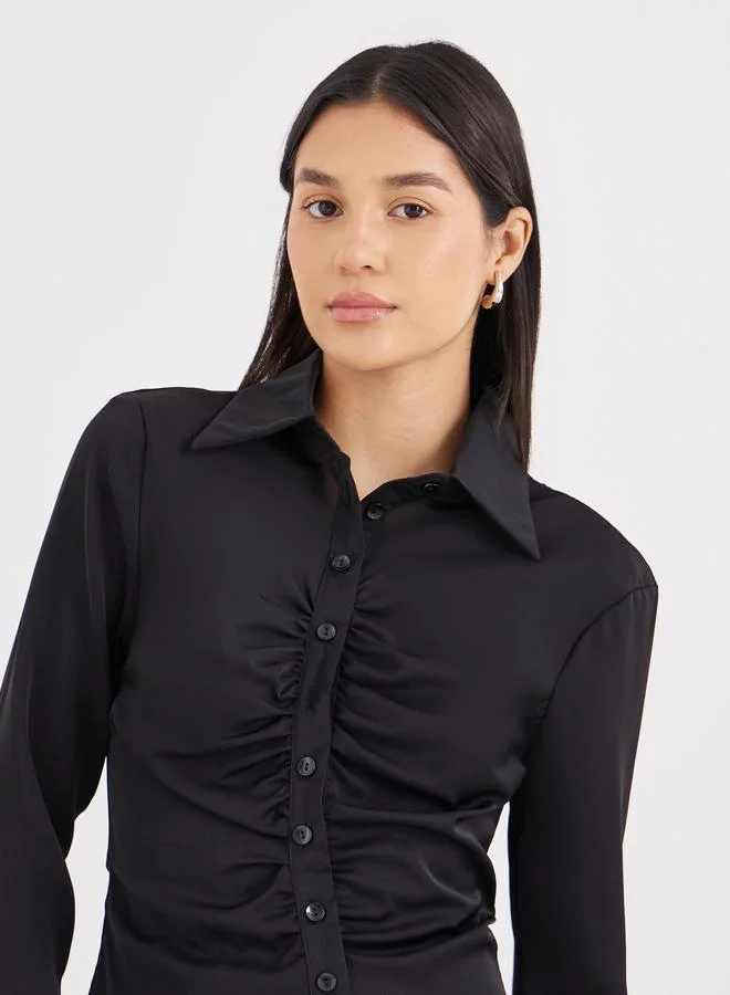 Styli Styli Black Gathered Shirt with Bell Sleeve