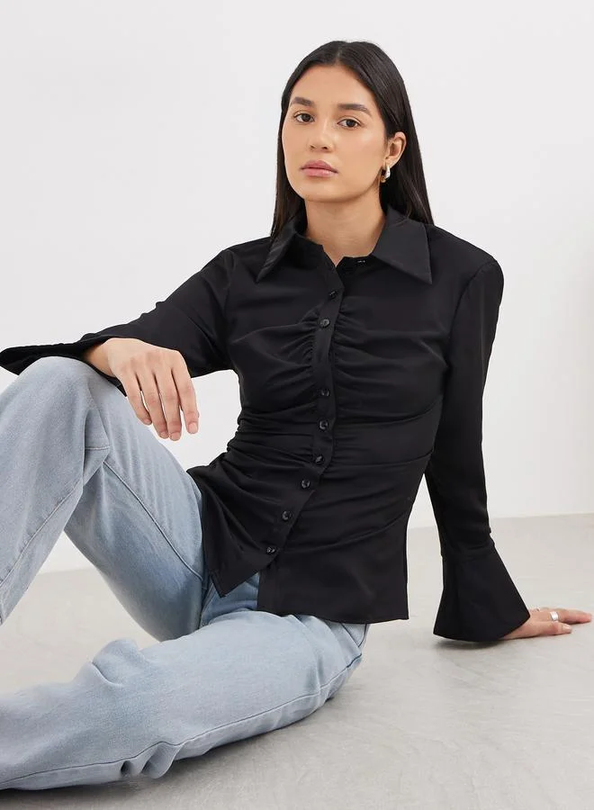 Styli Styli Black Gathered Shirt with Bell Sleeve