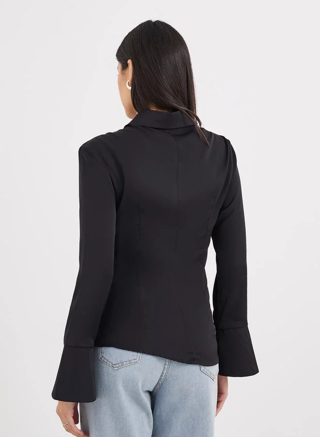 Styli Styli Black Gathered Shirt with Bell Sleeve