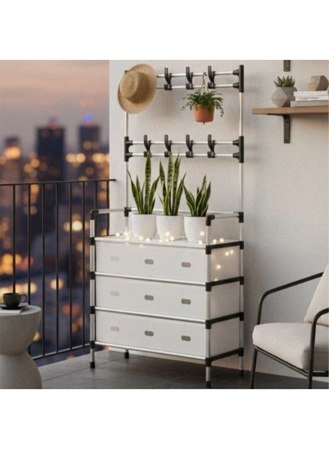 جزامة محمولة من 3 طبقات مع أغطية مع رف معطف محمول لمدخل الباب الأمامي، منظم وحامل أحذية مع 8 خطافات بلاستيكية قابلة للفك - Image 3