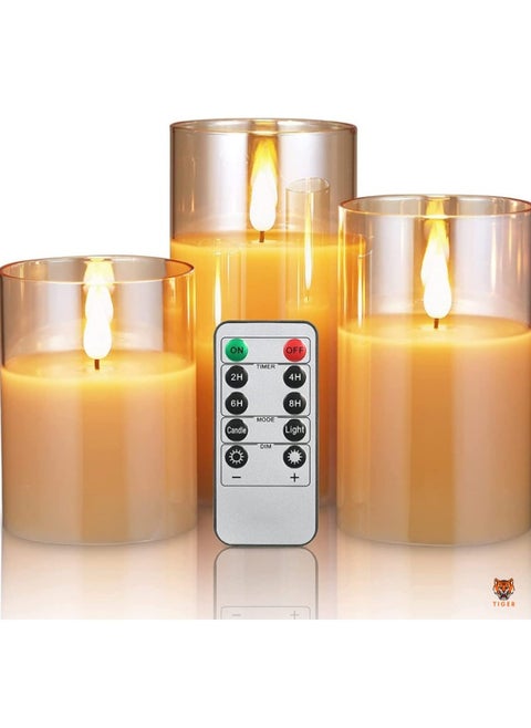 LED Flameless Candles – Battery Operated Real Pillar Wax with Flickering Moving Wick Effect, Gold Halloween Glass Candle Set with Remote Control & Cycling Timer, 3-Pack (10cm, 12.5cm, 15cm)