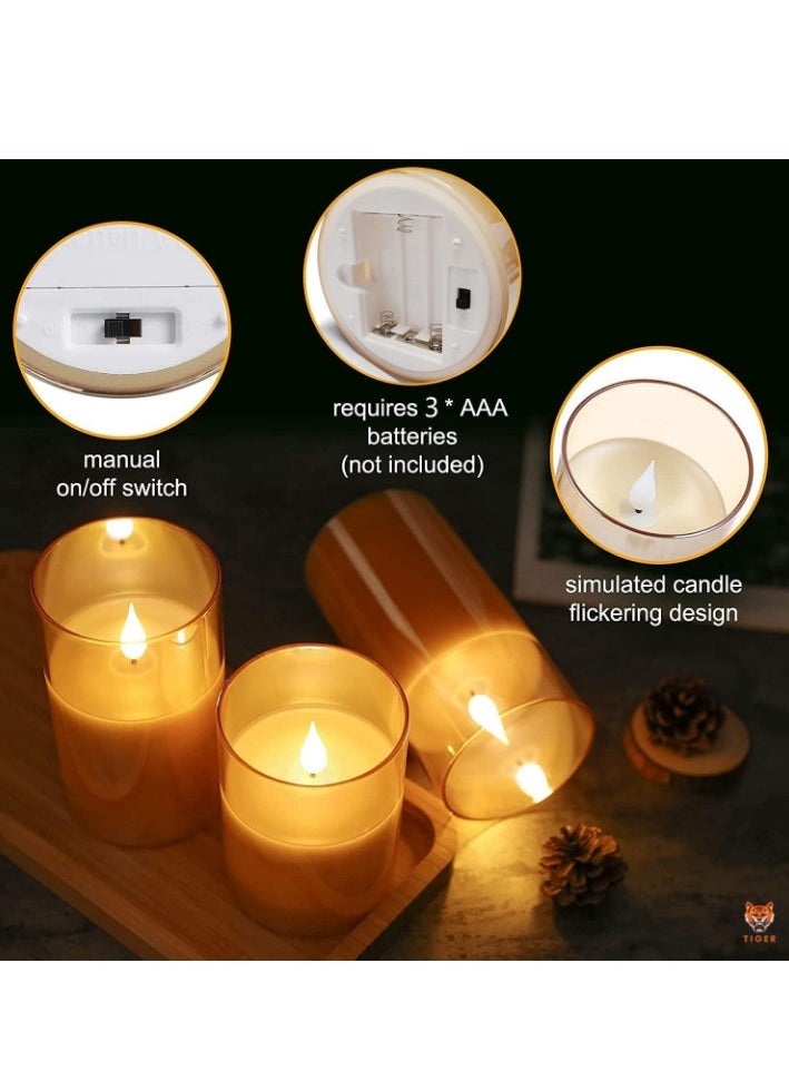 LED Flameless Candles – Battery Operated Real Pillar Wax with Flickering Moving Wick Effect, Gold Halloween Glass Candle Set with Remote Control & Cycling Timer, 3-Pack (10cm, 12.5cm, 15cm)