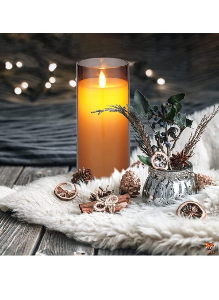 LED Flameless Candles – Battery Operated Real Pillar Wax with Flickering Moving Wick Effect, Gold Halloween Glass Candle Set with Remote Control & Cycling Timer, 3-Pack (10cm, 12.5cm, 15cm)