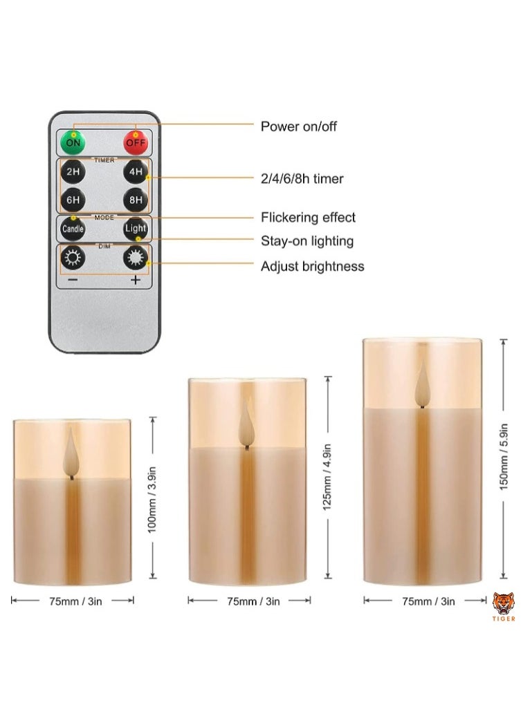 LED Flameless Candles – Battery Operated Real Pillar Wax with Flickering Moving Wick Effect, Gold Halloween Glass Candle Set with Remote Control & Cycling Timer, 3-Pack (10cm, 12.5cm, 15cm)