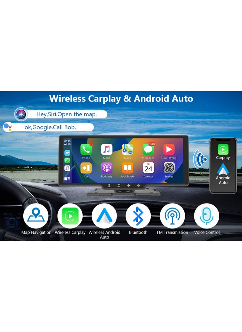 OULIYO - Wireless Apple Carplay Car Stereo,Portable 10.26 Inch Touch Screen Android Auto,4K Dash Cam,1080p Backup Camera DVR,Drive Mate Carplay Navigation with Mirror Link/Siri/FM/Bluetooth - Image 1