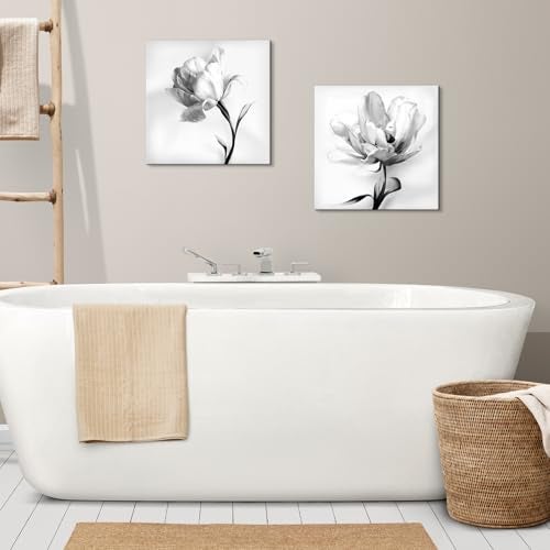 Pinetree Art Grey Floral Canvas Wall Art for Bedroom, 2 Panels Black and White Flower Prints Picture for Living Room Bathroom Home Wall Decor - (White Flower, 12 x 12 x 2pcs) - Image 4