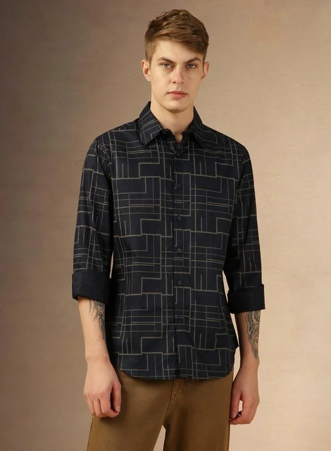 Dennis Lingo Dennis Lingo Printed Regular Fit Spread Collar Curved Hem Shirt