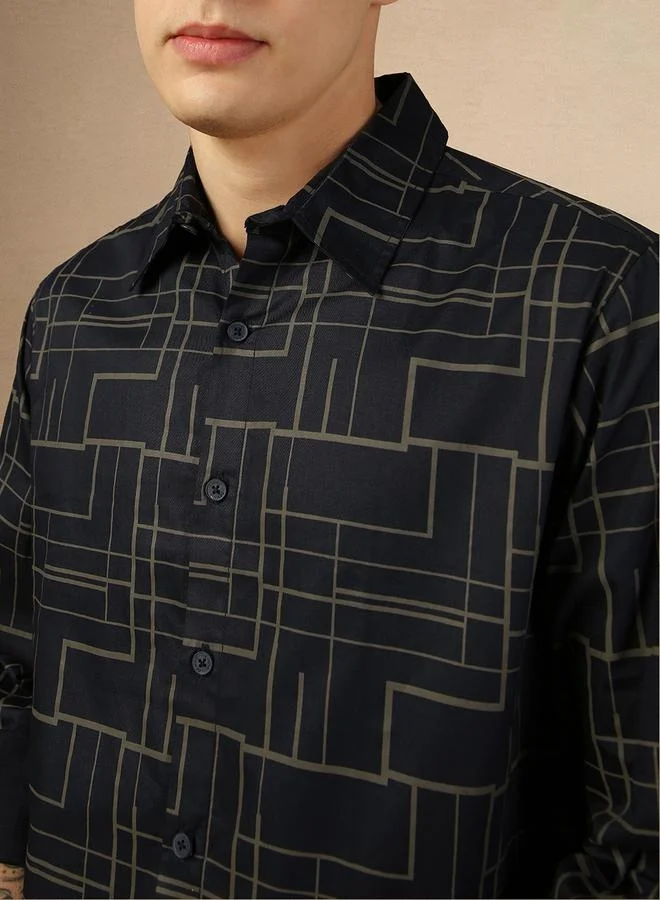 Dennis Lingo Dennis Lingo Printed Regular Fit Spread Collar Curved Hem Shirt