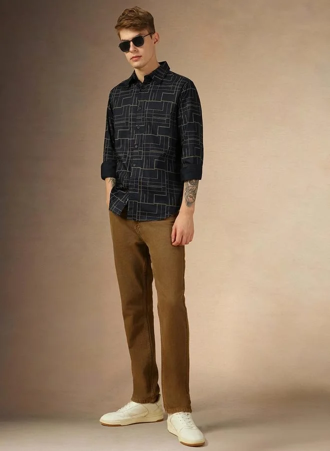 Dennis Lingo Dennis Lingo Printed Regular Fit Spread Collar Curved Hem Shirt