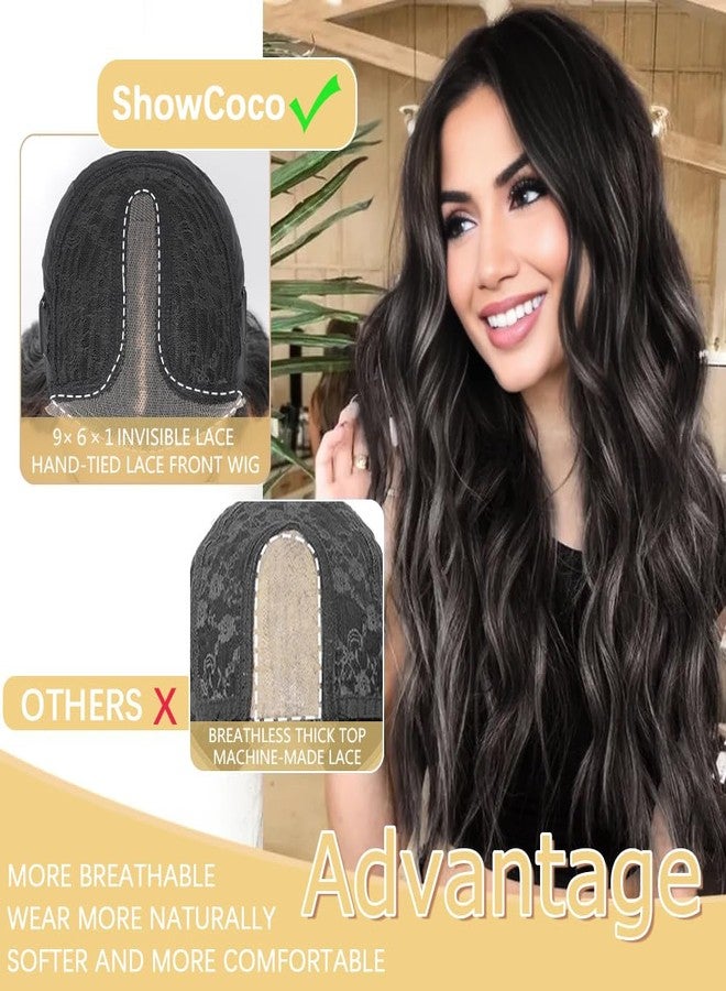 ShowCoco Brown Wig for Women 26 Inch Pre Cut Hand-Tied Lace Long Wavy Natural Hairline Middle Part Hair Replacement Wigs for Women Beginners Natural Synthetic Wig for Daily Party 3 Seconds to Wear - Image 3