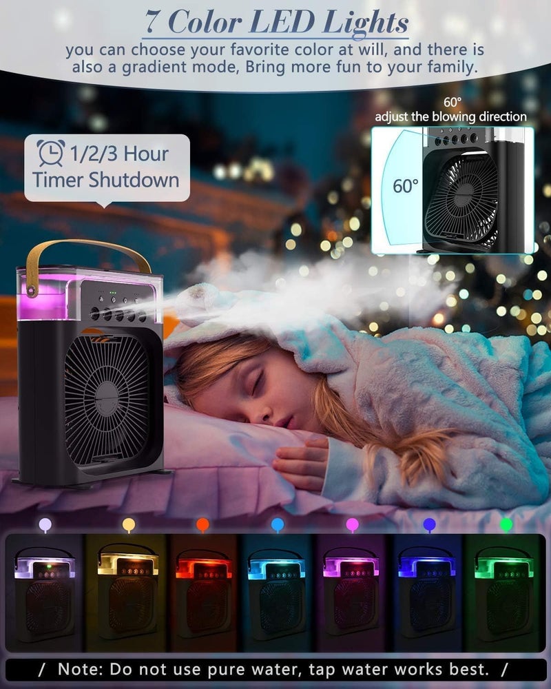 ALASAMCO Portable Humidifier Fan AIr Conditioner Household Small Air Cooler Hydrocooling Portable Air Adjustment 3 Speed Fan,USB Electric Fan LED Night Light. (Black) - Image 4