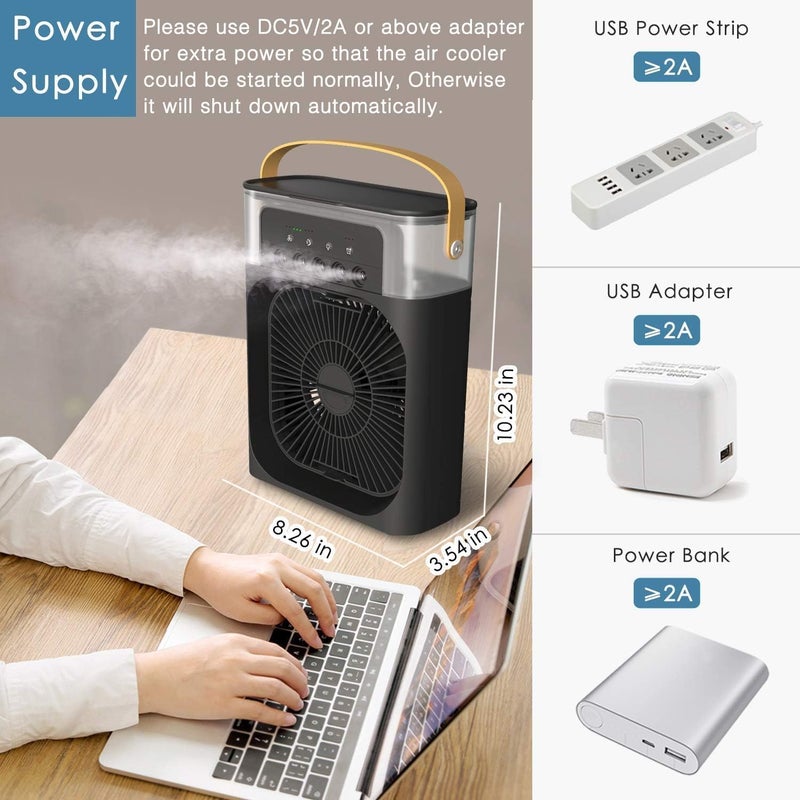 ALASAMCO Portable Humidifier Fan AIr Conditioner Household Small Air Cooler Hydrocooling Portable Air Adjustment 3 Speed Fan,USB Electric Fan LED Night Light. (Black) - Image 5
