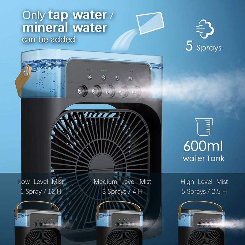 ALASAMCO Portable Humidifier Fan AIr Conditioner Household Small Air Cooler Hydrocooling Portable Air Adjustment 3 Speed Fan,USB Electric Fan LED Night Light. (Black) - Image 2