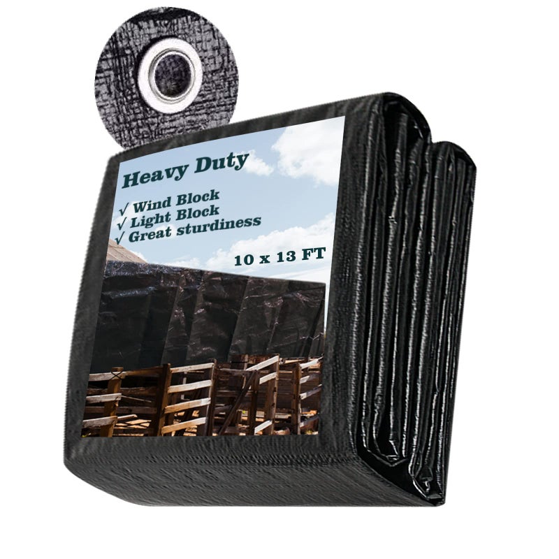 UCINNOVATE غطاء ثقيل 14 ميل مقاوم للماء 10x13 قدم أسود بولي طارباولين متين مع حلقات مقاومة للصدأ UV مقاوم للتمزق للاستخدام الخارجي شاحنة بركة طوارئ مخزن شحن