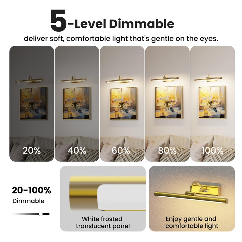 Craftersmark 16" Gallery Picture Light with 1pcs Extra 6000mAh Battery- Brass Cordless Rechargeable Wall Sconce with Remote for Library, Study Room, Art & Renter Use - Image 5
