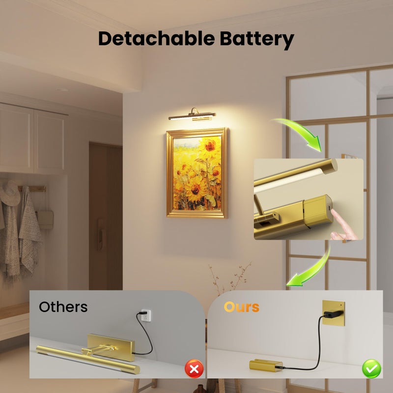 Craftersmark 16" Gallery Picture Light with 1pcs Extra 6000mAh Battery- Brass Cordless Rechargeable Wall Sconce with Remote for Library, Study Room, Art & Renter Use - Image 2