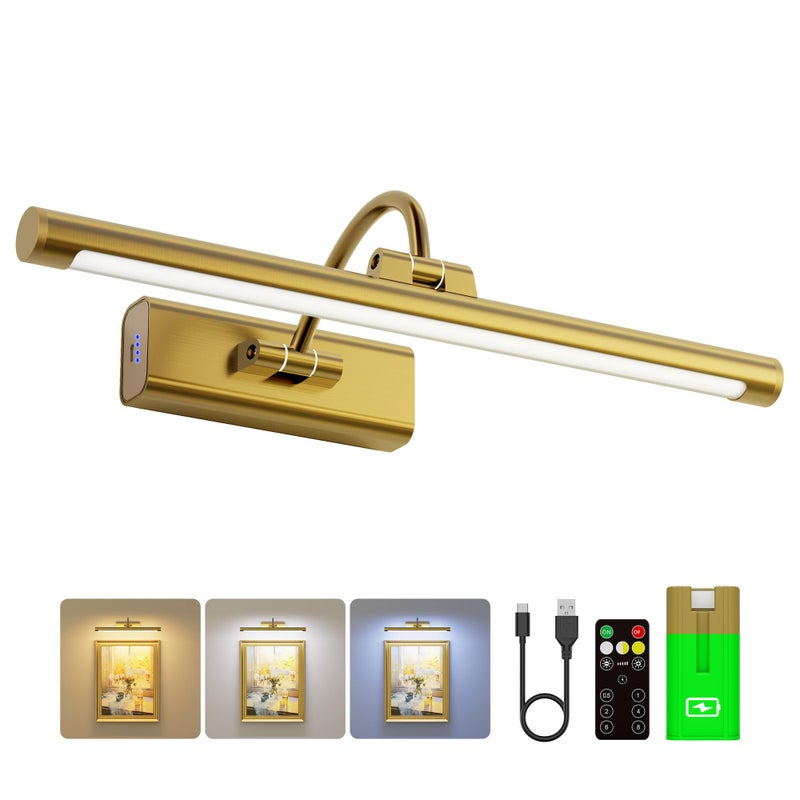 Craftersmark 16" Gallery Picture Light with 1pcs Extra 6000mAh Battery- Brass Cordless Rechargeable Wall Sconce with Remote for Library, Study Room, Art & Renter Use - Image 1