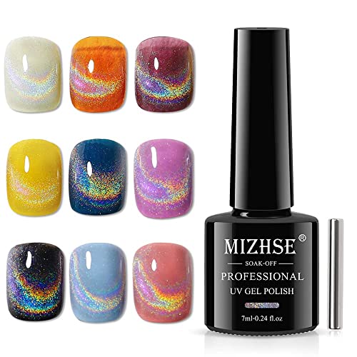 MIZHSE Universal Rainbow Cat Eye Gel Nail Polish Holographic 9D Cat Eye Magnetic Gel Polish with Magnet Stick Shiny Glitter Chrome Gel Polish Soak Off Gel Nail Art Salon Manicure DIY at Home - Image 2
