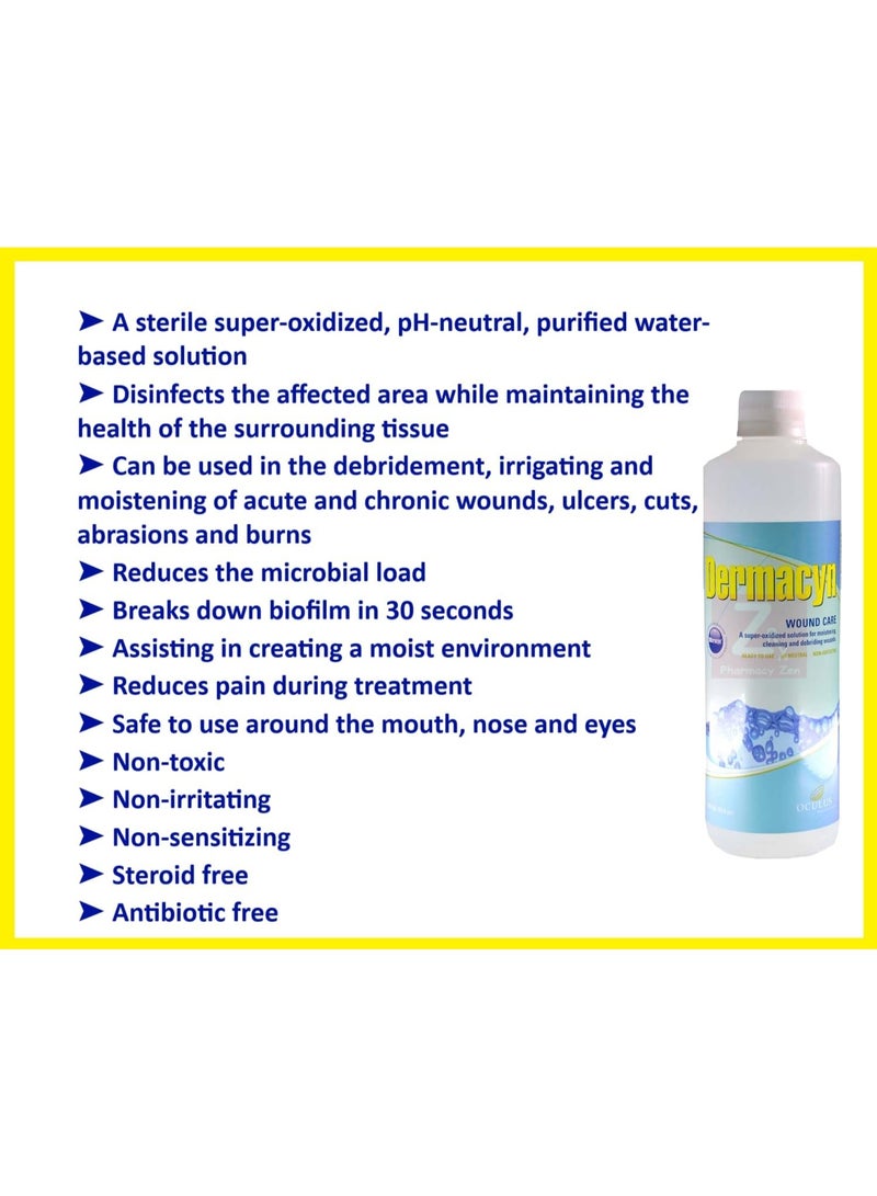 DERMACYN Wound Care Solution 500mL - A super oxidized solution for moistening, cleaning and debriding wounds - Ready to use, pH Neutral, Non-irritating - Image 2