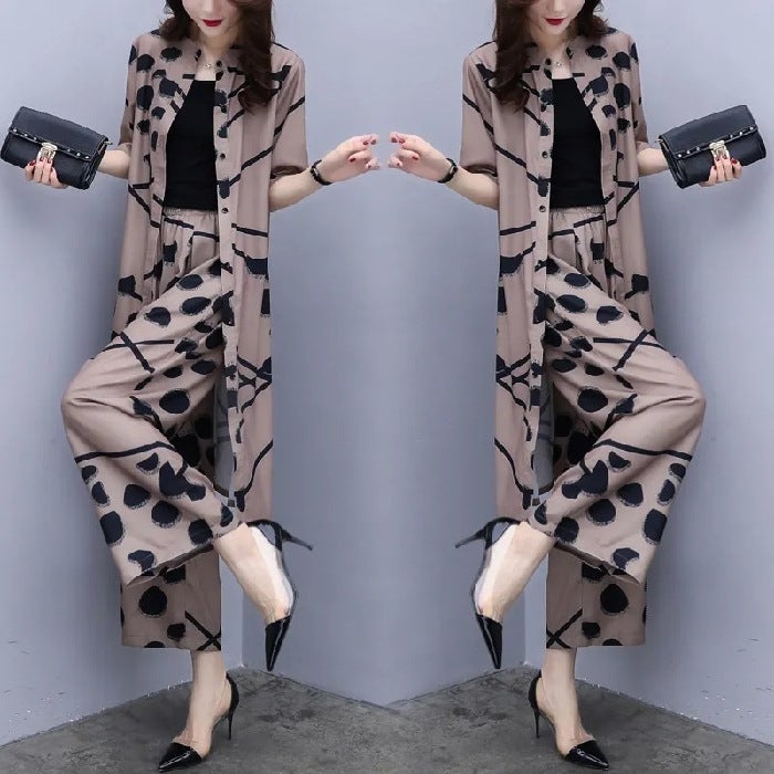 Foreign Trade 2023 New Summer Style Large Size Loose Slimming Look Suit Slimming Look Cardigan Top Wide Leg Pants Two-Piece Set Picture color