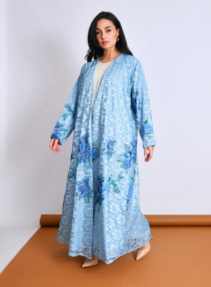 عبايات حوراء عباية باللون الأزرق بقصة انسيابية من قماش الدانتيل بطبعات عشوائية - Image 4