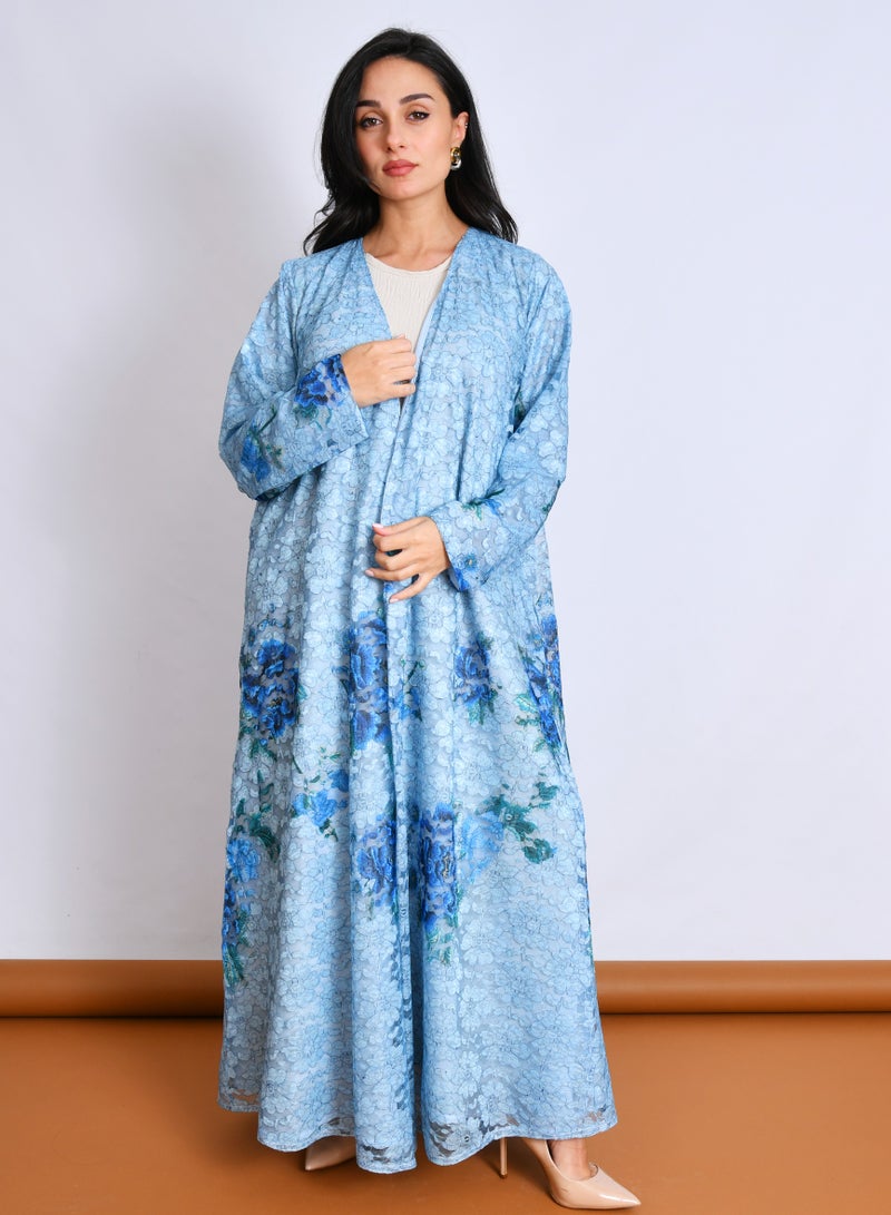 عبايات حوراء عباية باللون الأزرق بقصة انسيابية من قماش الدانتيل بطبعات عشوائية - Image 1