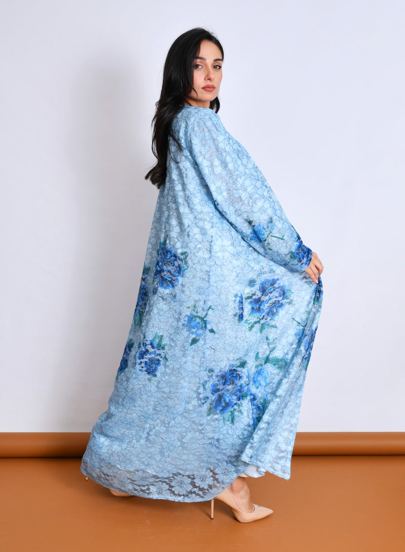 عبايات حوراء عباية باللون الأزرق بقصة انسيابية من قماش الدانتيل بطبعات عشوائية - Image 5