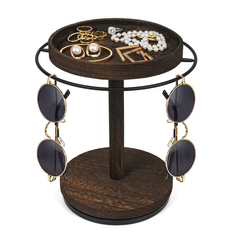 LingLingo Sunglasses Organizer 360Â° Rotating Eyeglass Holder Stand with Wood Tray and Base, Eye Glass Display Rack for Multiple Sunglass Storage for Table Dresser Nightstand Desk - Image 1