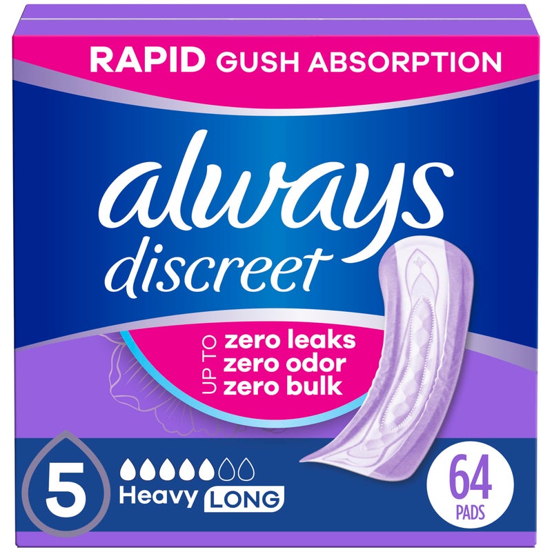Always Discreet حفاضات سلس البول للبالغين من ألويس ديسكريت للنساء، امتصاص قوي، طول طويل، حفاضات ما بعد الولادة، 64 قطعة (عبوتان من 32) - Image 1