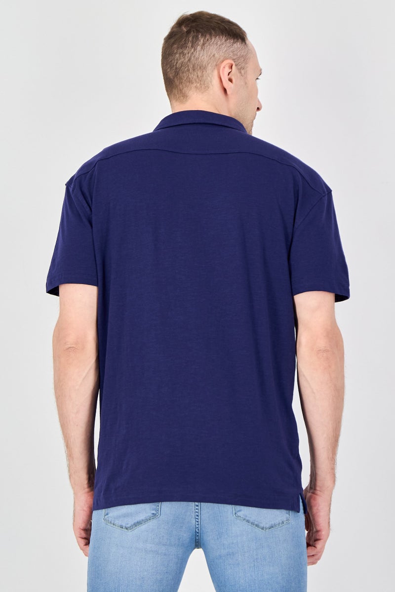 Report Collection Men Regular Fit Plain Short Sleeve Casual Shirt, Navy - Image 3
