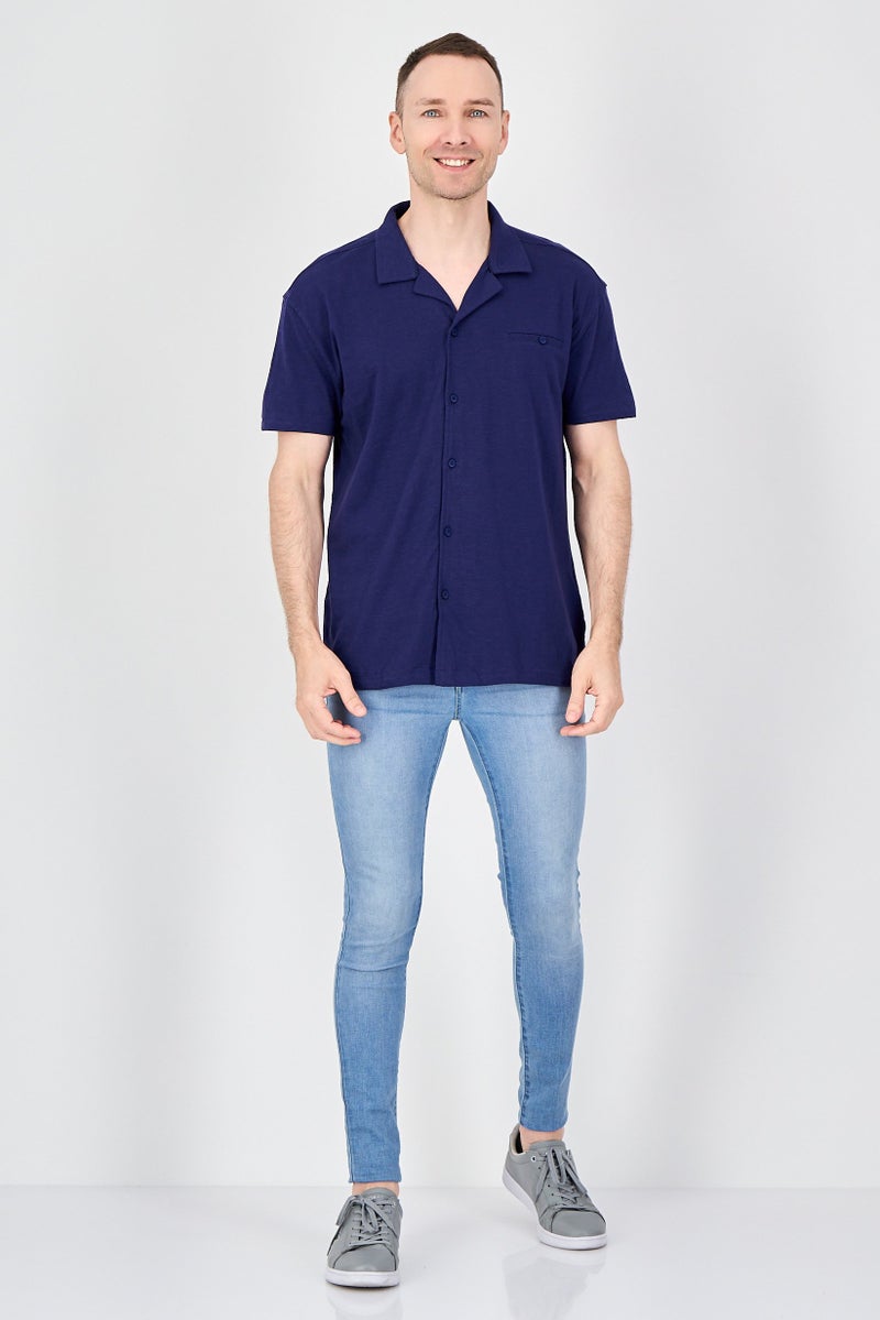 Report Collection Men Regular Fit Plain Short Sleeve Casual Shirt, Navy - Image 4