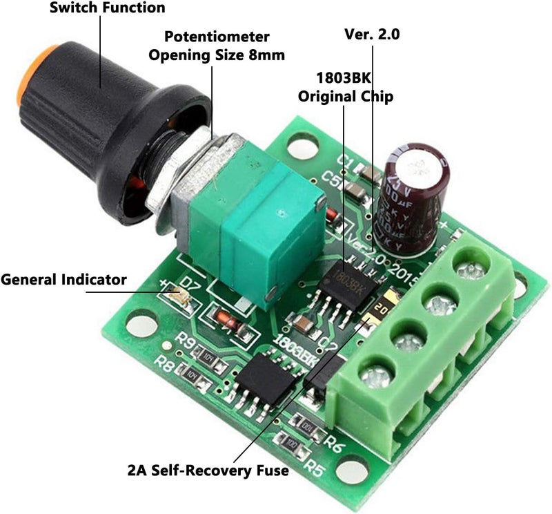 Greartisan 1.8V-15V 2A DC Motor Speed Controller PWM Variable Speed Regulator Governor Switch 1803BK with Speed Control Knob - Image 2
