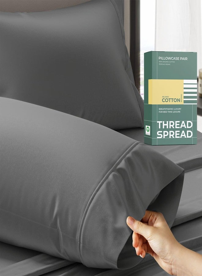THREAD SPREAD طقم أغطية وسائد قطنية عضوية 100% من ثريد سبريد، مقاس كينج، قطعتان - غطاء وسادة ناعم، بارد، منعش، ومسامي، مصنوع من نسيج بيركال قطني عضوي، مناسب لوسادة كينج (رمادي داكن)، أصلي ومعتمد من GOTS - Image 1