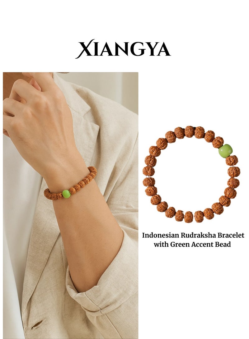 XIANGYA Rudraksha Bracelet - Green Accent Bracelet, Indonesian Natural Beads, Calming Meditation Bracelet for Men & Women - Image 1