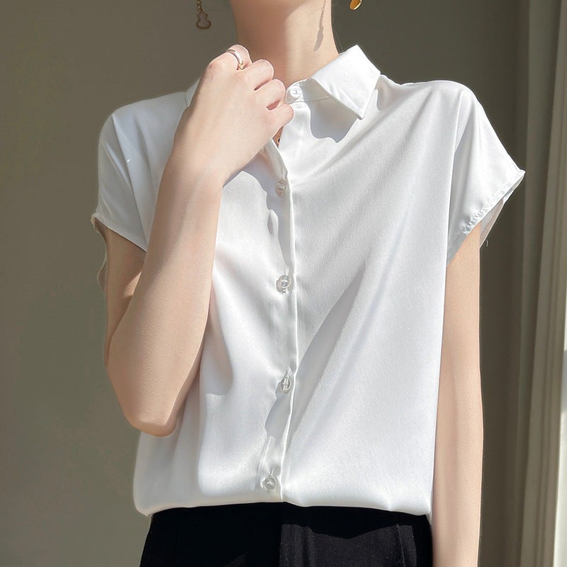 Hong Kong Style Womens Blouse 2023 New Style Elegant Short-sleeved 2024 Summer New Style Top Womens Satin Shirt Apricot - Image 3