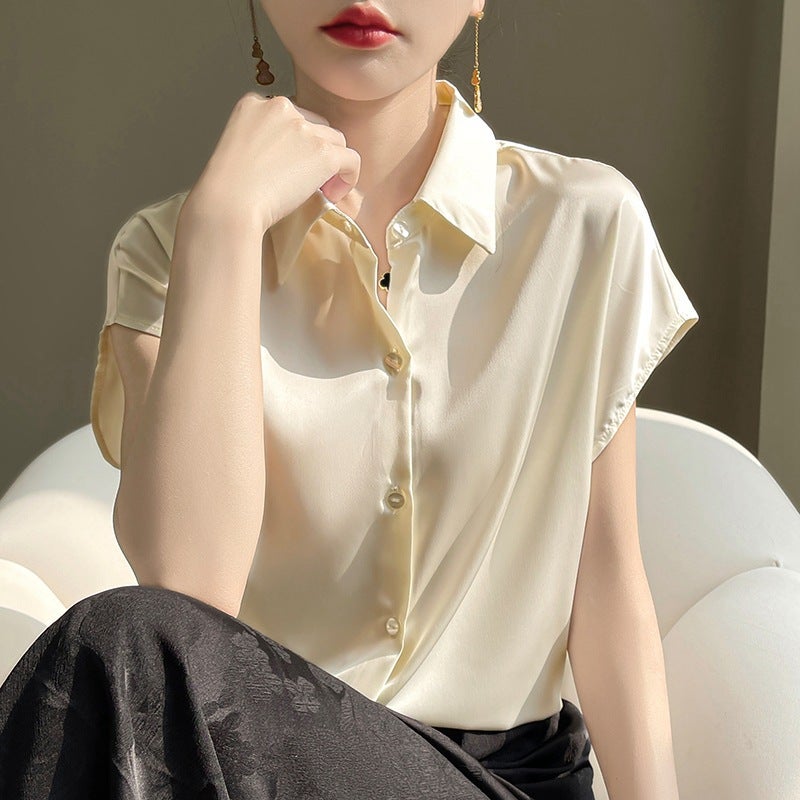 Hong Kong Style Womens Blouse 2023 New Style Elegant Short-sleeved 2024 Summer New Style Top Womens Satin Shirt Apricot - Image 2