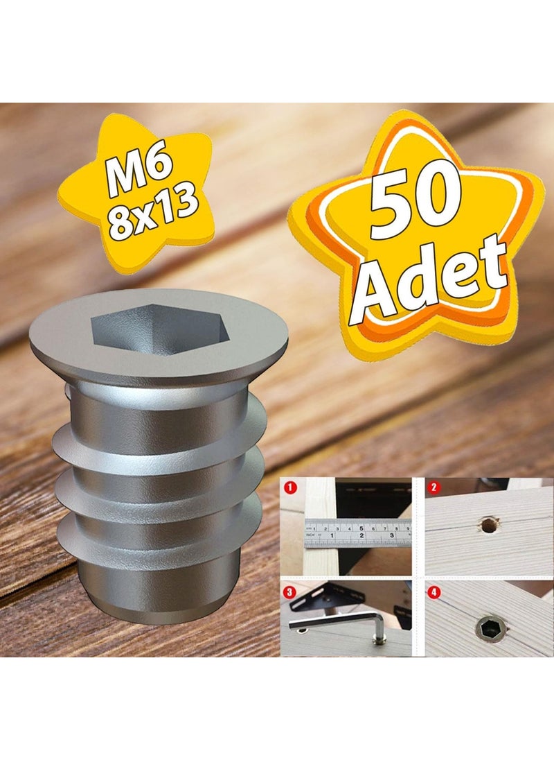 Glaswen Metal Straight Threaded Dowel Wood Dowel M6 8X13 Teeth Zinc Furniture Connection Unit Joining (50 Pieces)  - Image 1