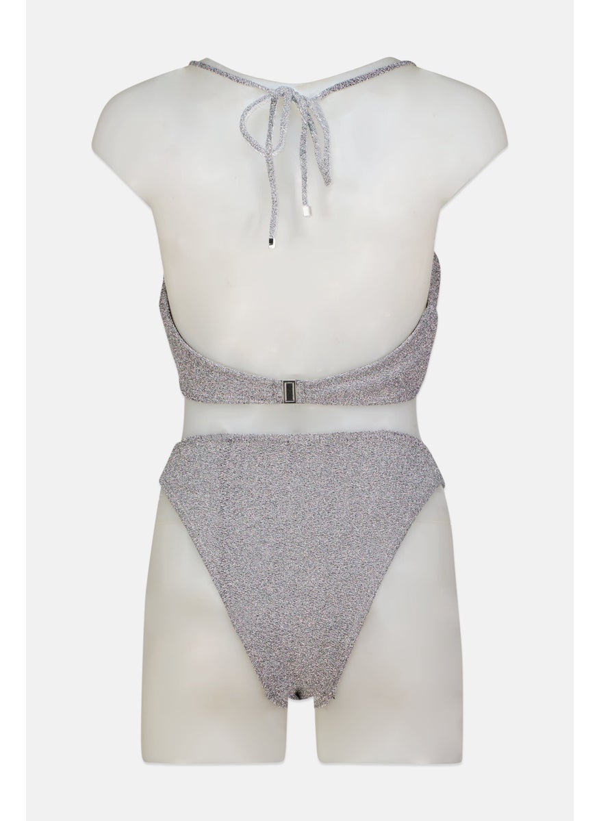 SOUTH BEACH - Women Metallic Halter Cut-Out One Piece, Silver - Image 1