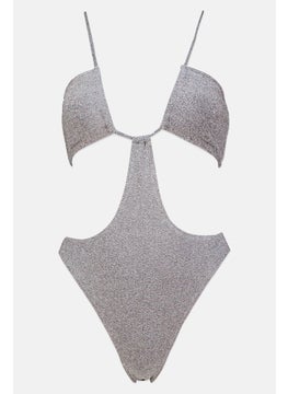 Women Metallic Halter Cut-Out One Piece, Silver
