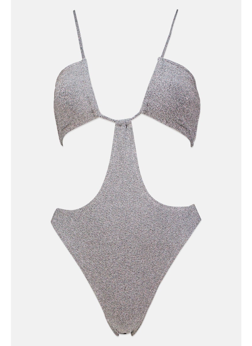 SOUTH BEACH - Women Metallic Halter Cut-Out One Piece, Silver - Image 1