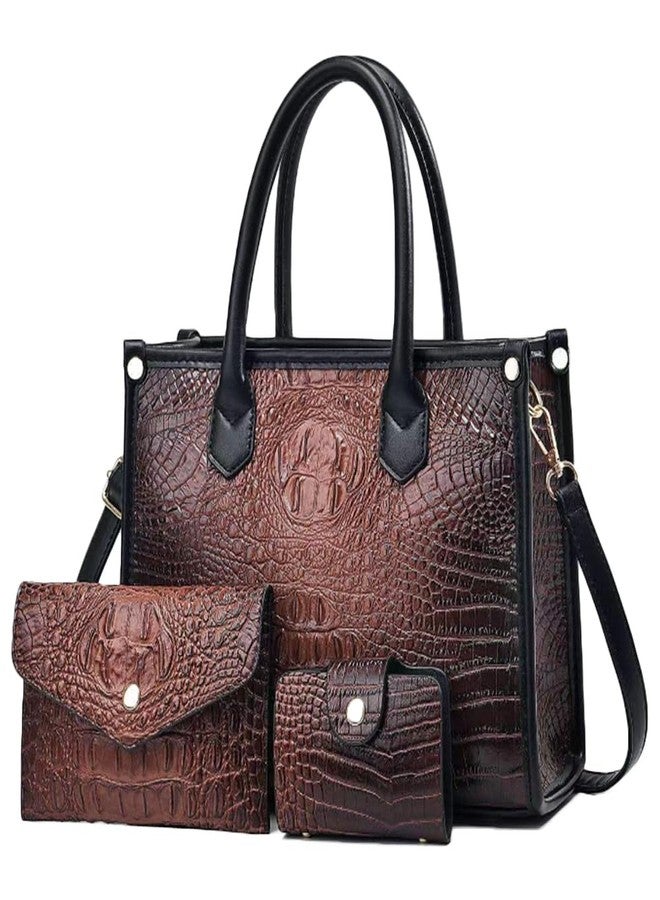 FiveloveTwo Women 3pcs Handbag and Purse Crocodile Pattern Totes Satchel Clutch Wallet Card Holder Dark Brown - Image 1