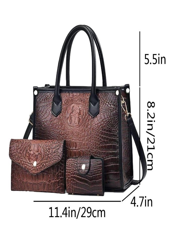 FiveloveTwo Women 3pcs Handbag and Purse Crocodile Pattern Totes Satchel Clutch Wallet Card Holder Dark Brown - Image 2