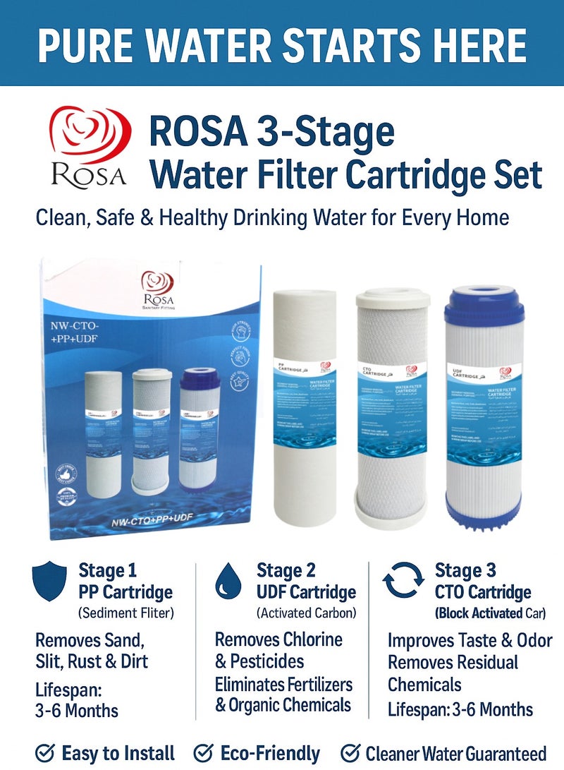 روزا فلتر مياه روزا 10 بوصة 3 مراحل ترشيح شمعة الرواسب PP الكربون الحبيبي المنشط UDF والكربون المضغوط المنشط CTO للاستخدام اليومي المنزلي والطارئ - Image 4