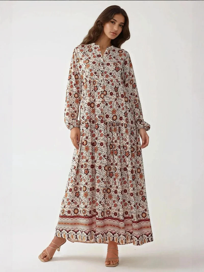 HICCUP Multicolor Printed V-Neck Maxi Dress with Buttons for Women | Best Price UAE